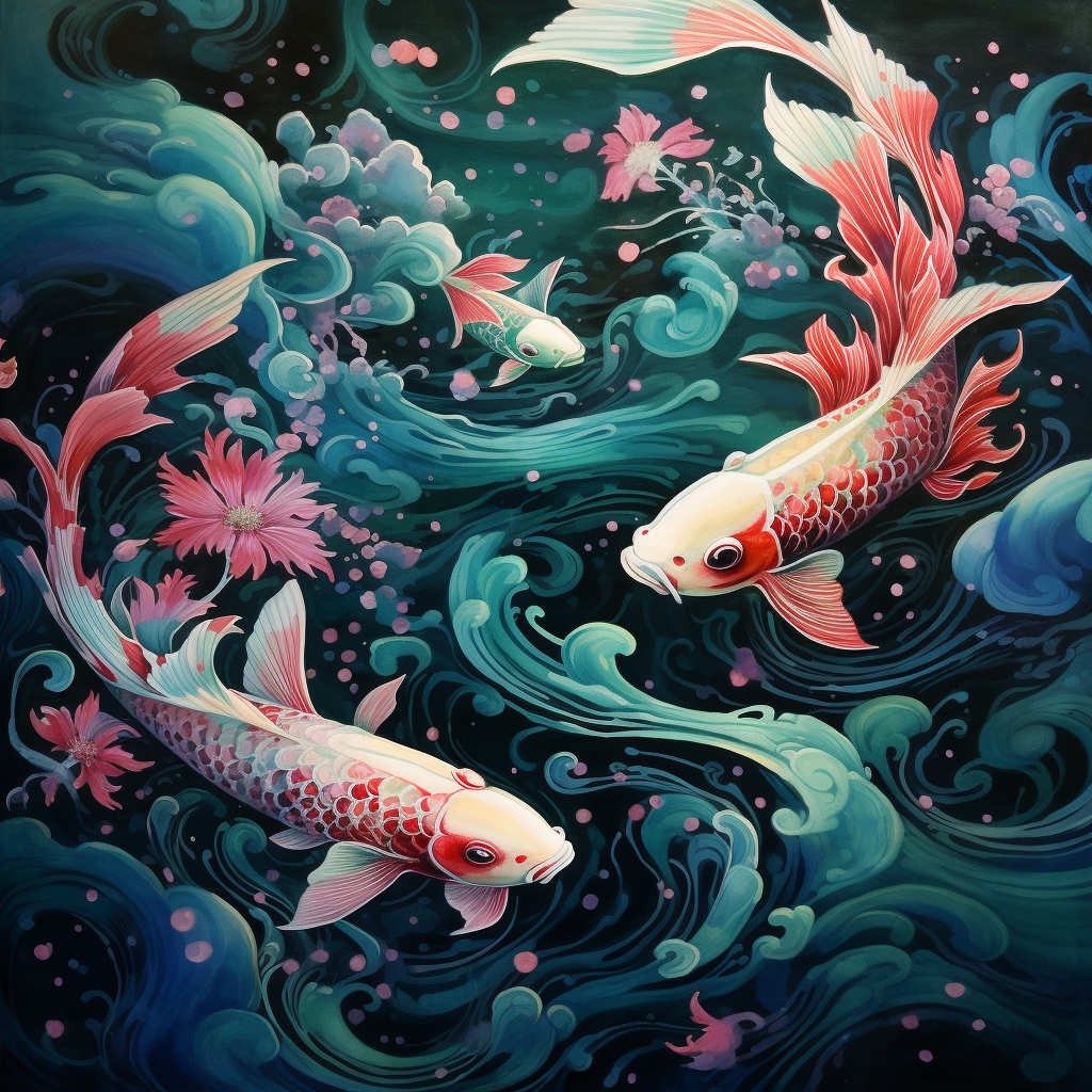 Aerial view of Japanese koi fish waterscape