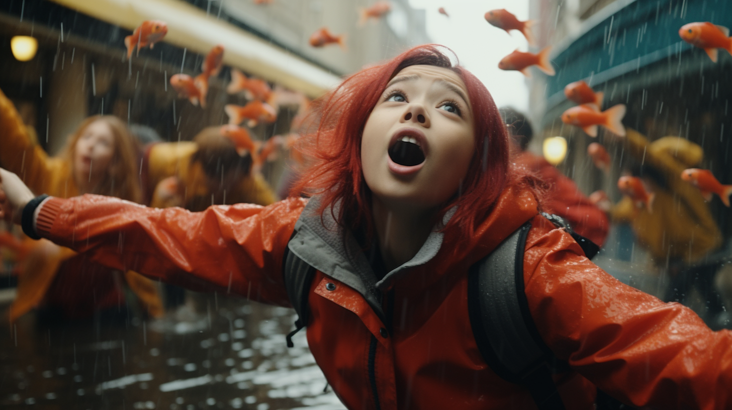 Japanese Anime Kids Sing and Play in Rain Puddle