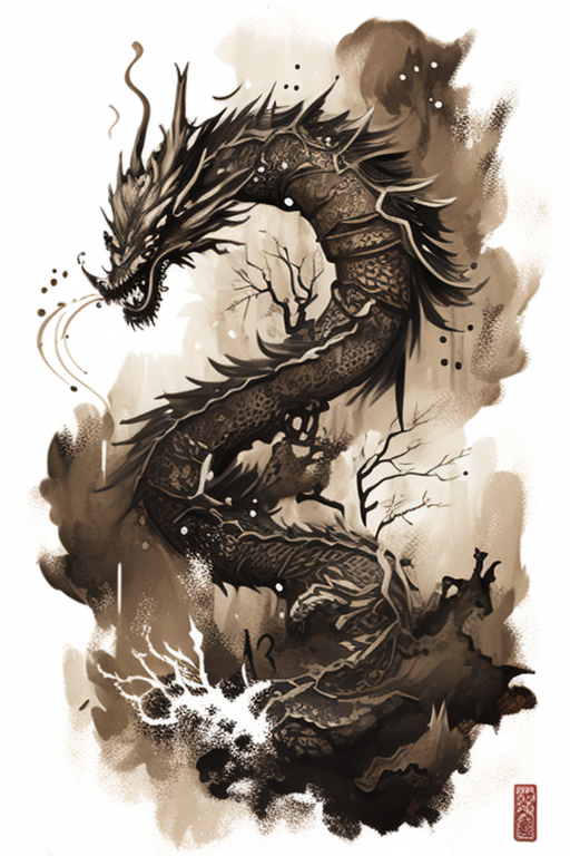 Beautiful Korean-style Oriental Dragon Ink Painting