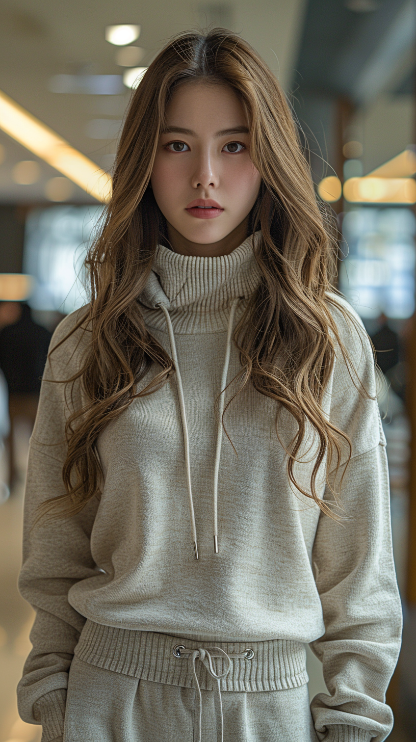 Korean woman in gray tights walking