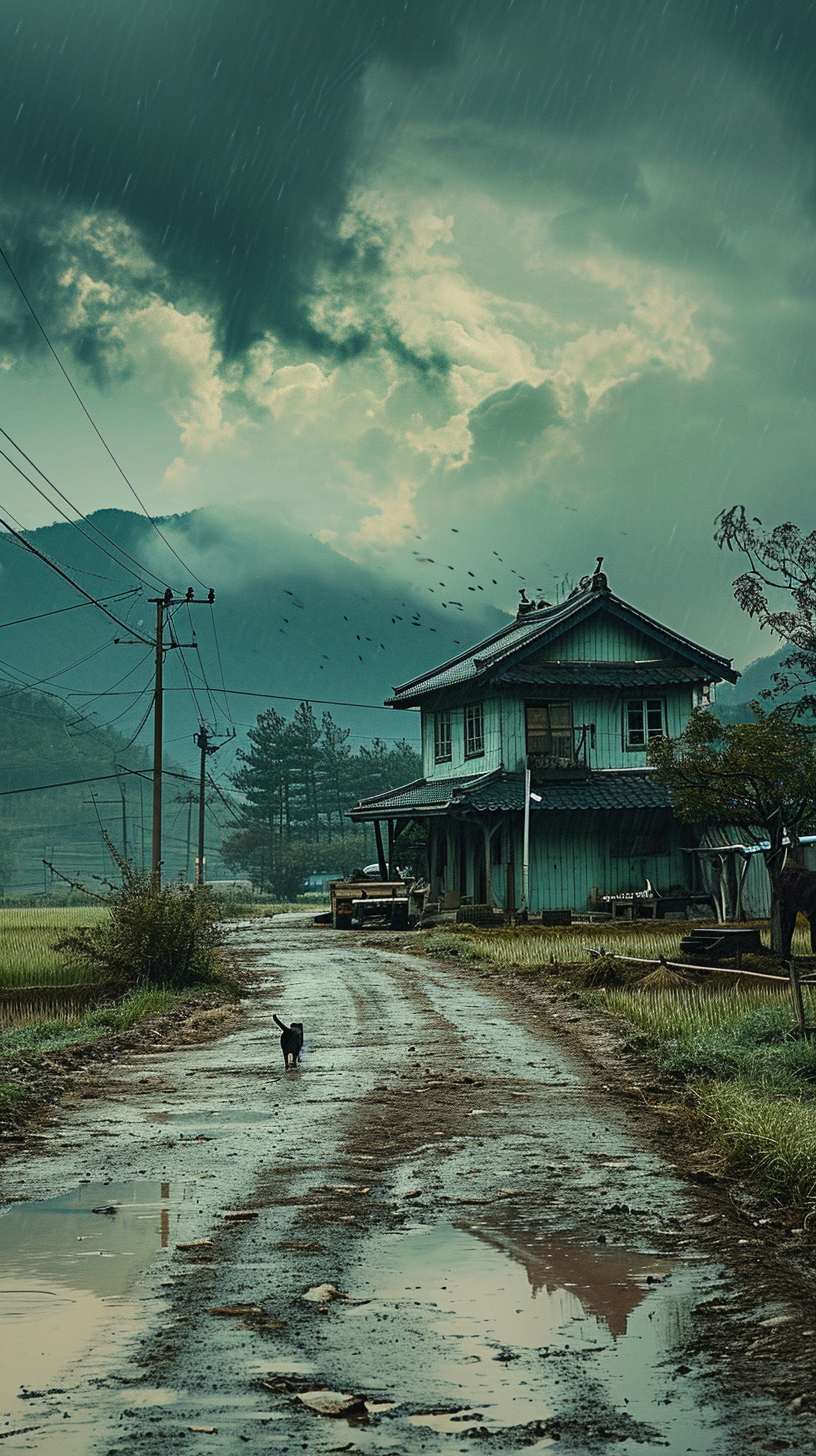 Korean country house with rainy sky and paddy field dog