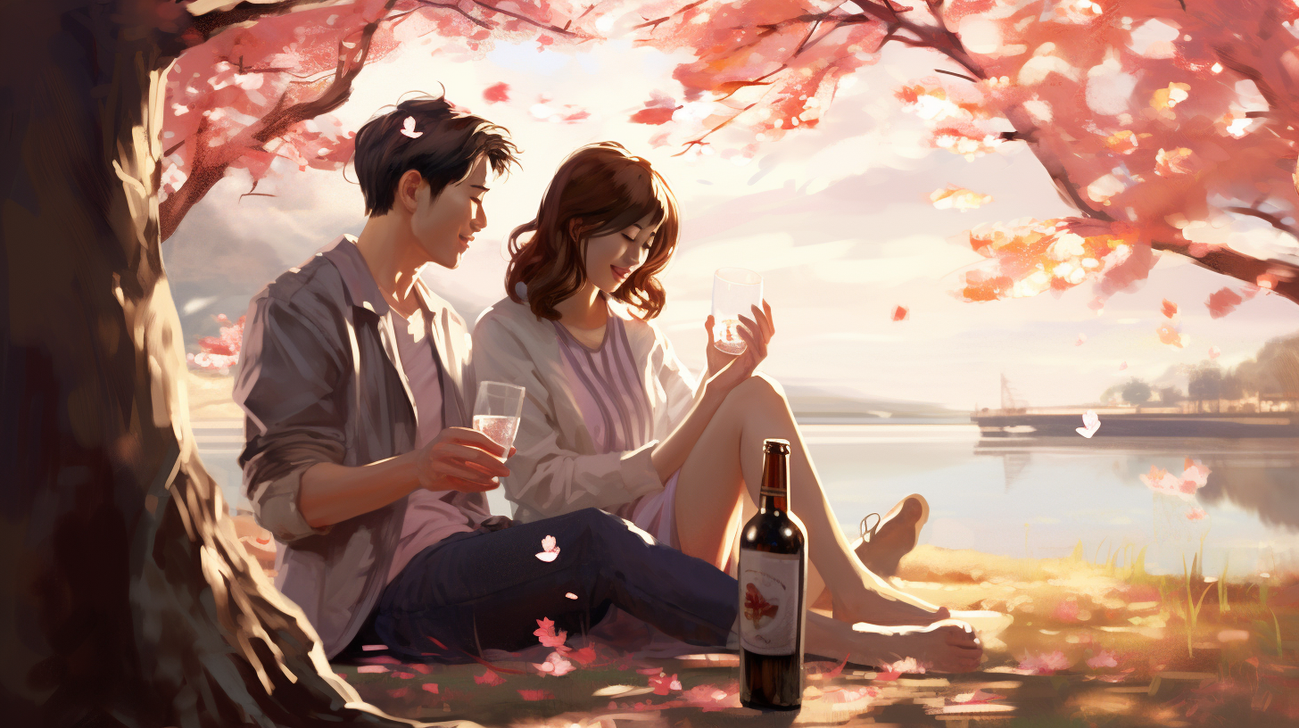 Korean couple enjoying Asahi canned beer by riverside