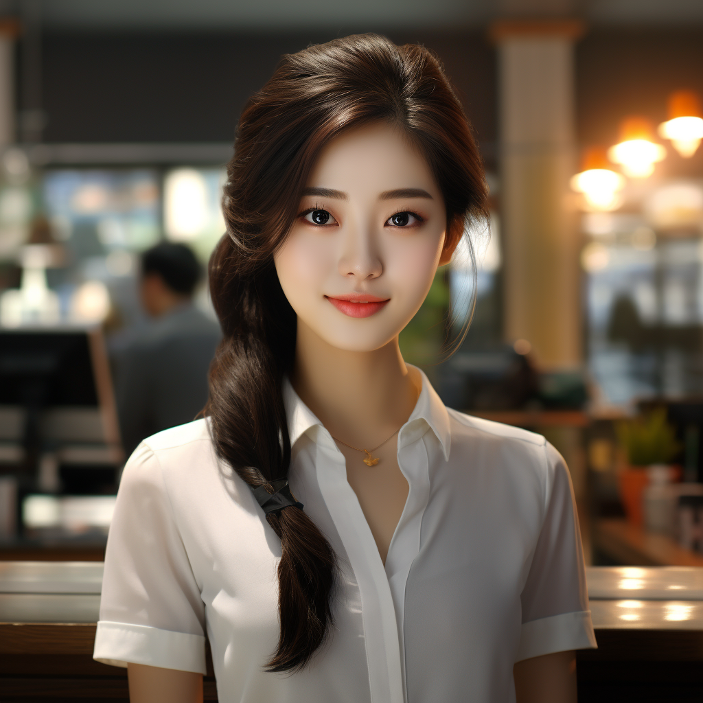 Realistic Korean female receptionist smiling behind the reception desk