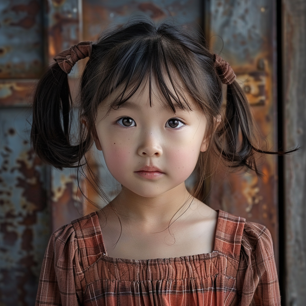 Korean girl with dark brown pigtails