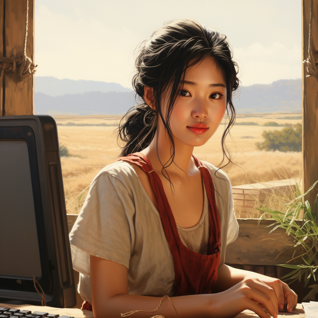 Young Korean girl farmer programming on computer  ?️