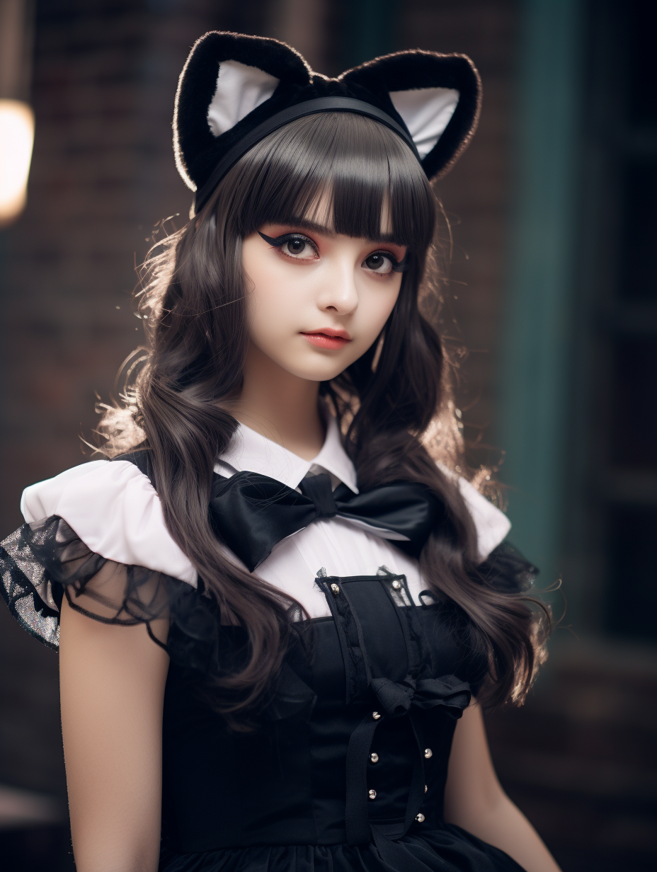 Korean girl wearing maid costume with cat ear headband