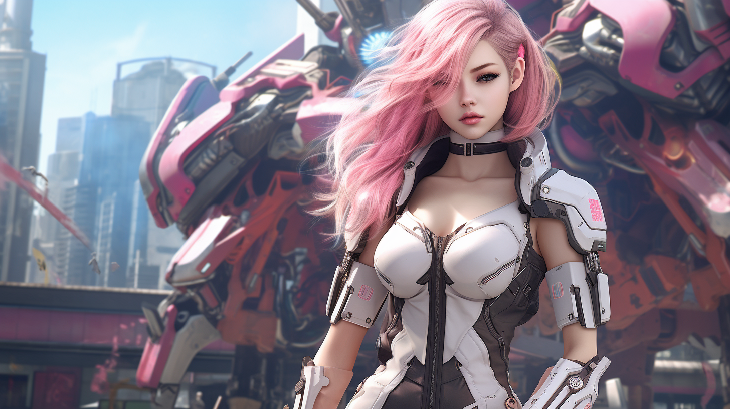 Korean girl with pink mecha companion in cyberpunk attire