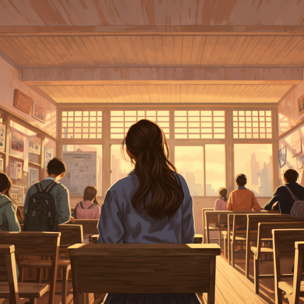 Back view of students in Korean high school classroom