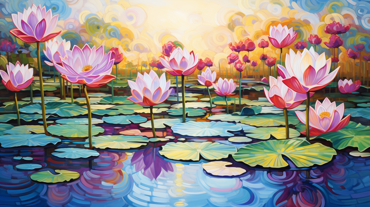 Colorful Korean Lotus Pond Painting