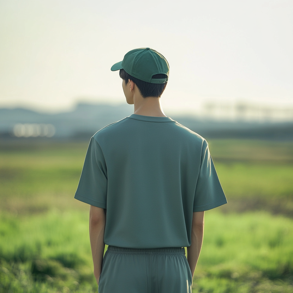 Korean male model in green outfit