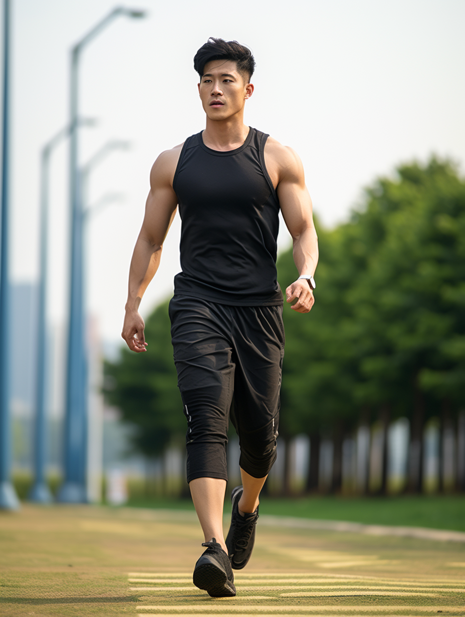 Korean man running in green park