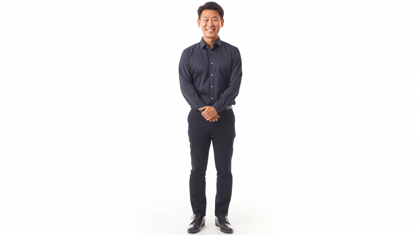 Korean man smiling in navy shirt and slacks