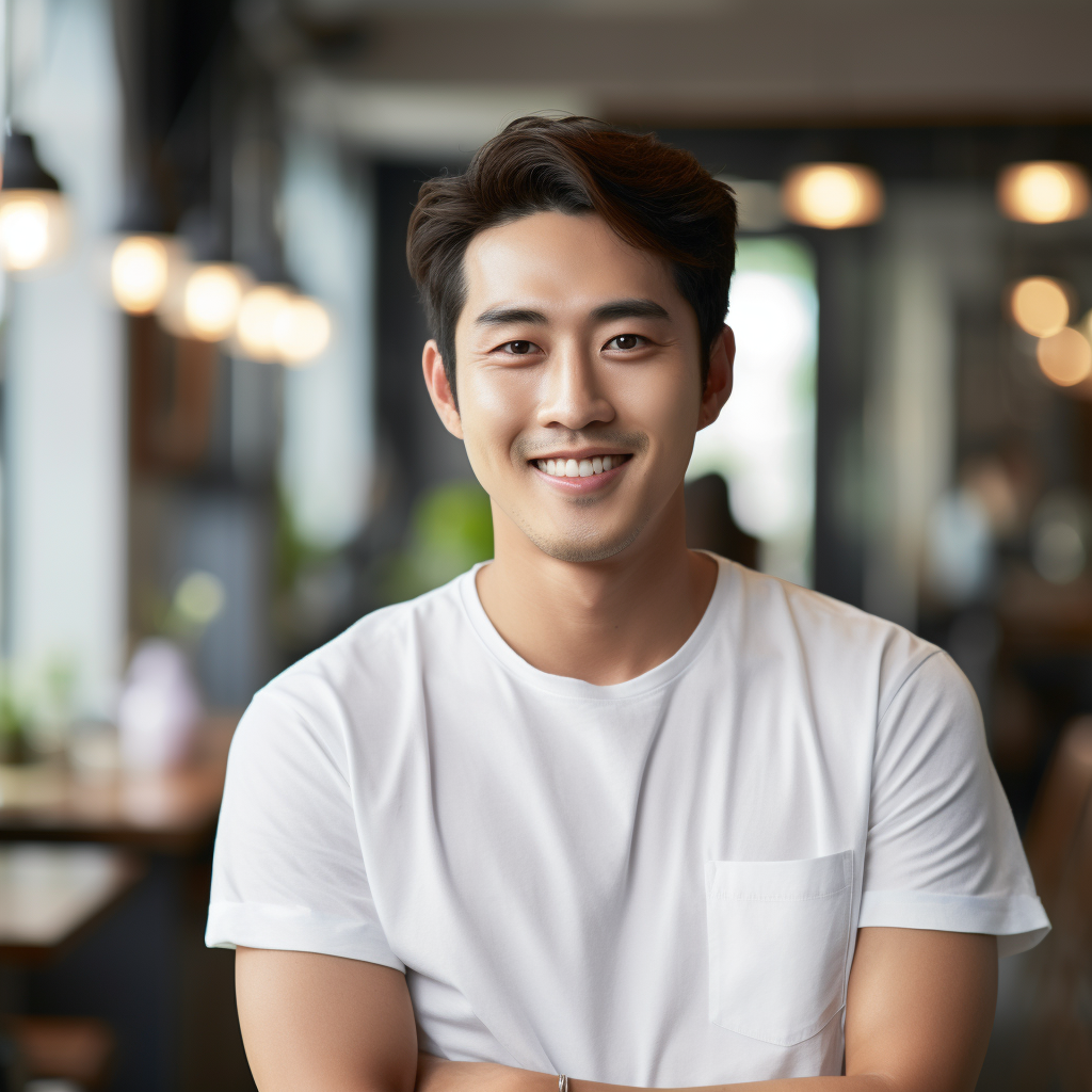 Korean man smiling in white shirt