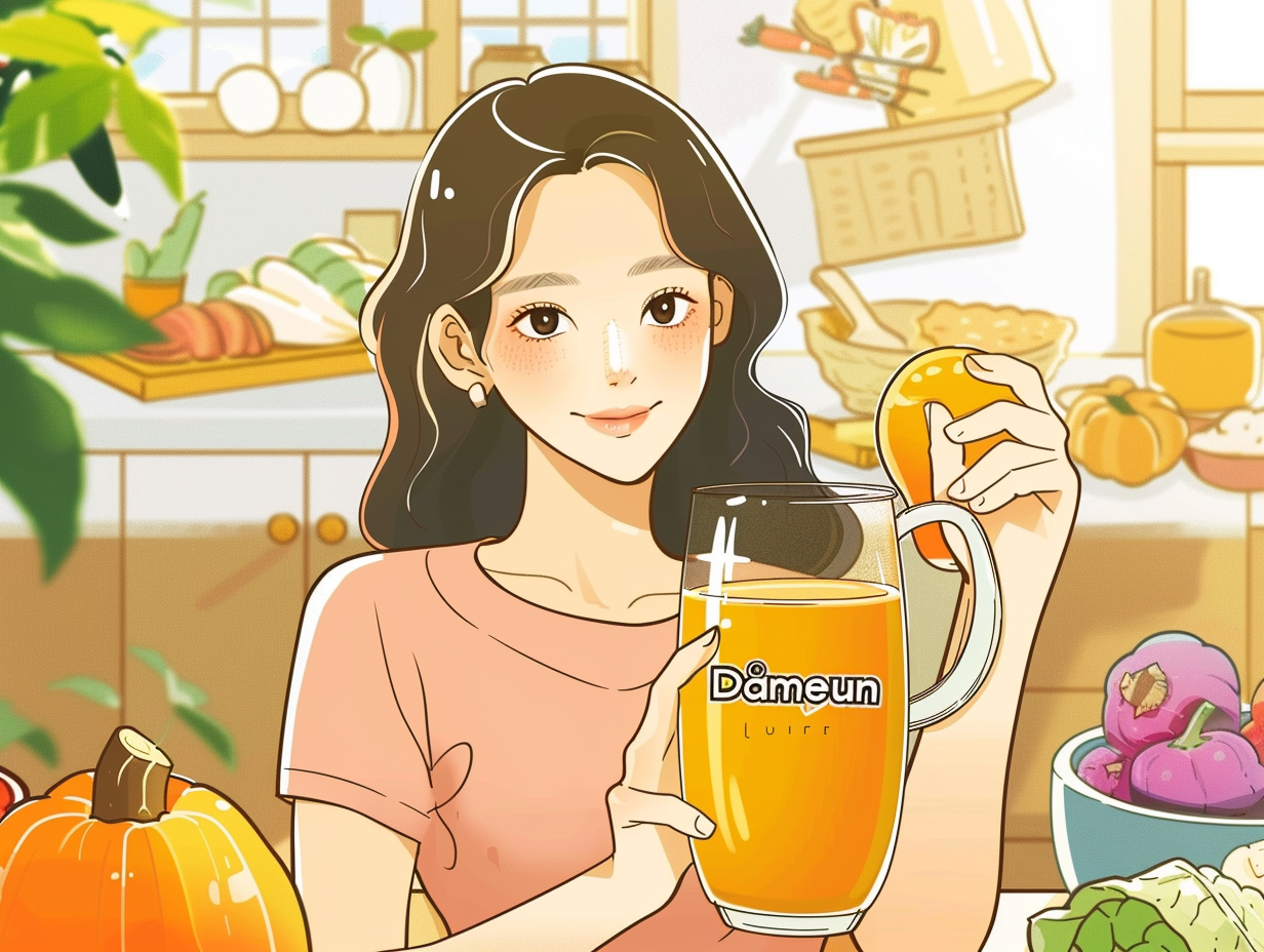 Korean mother with pumpkin juice