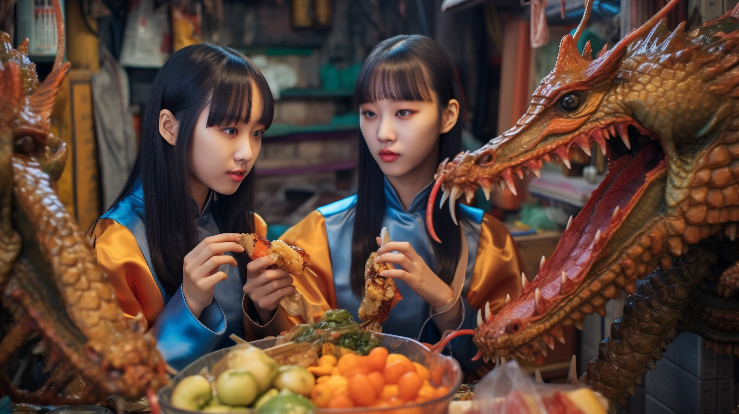 Korean School Girls Enjoying Street Food and Dragon Art