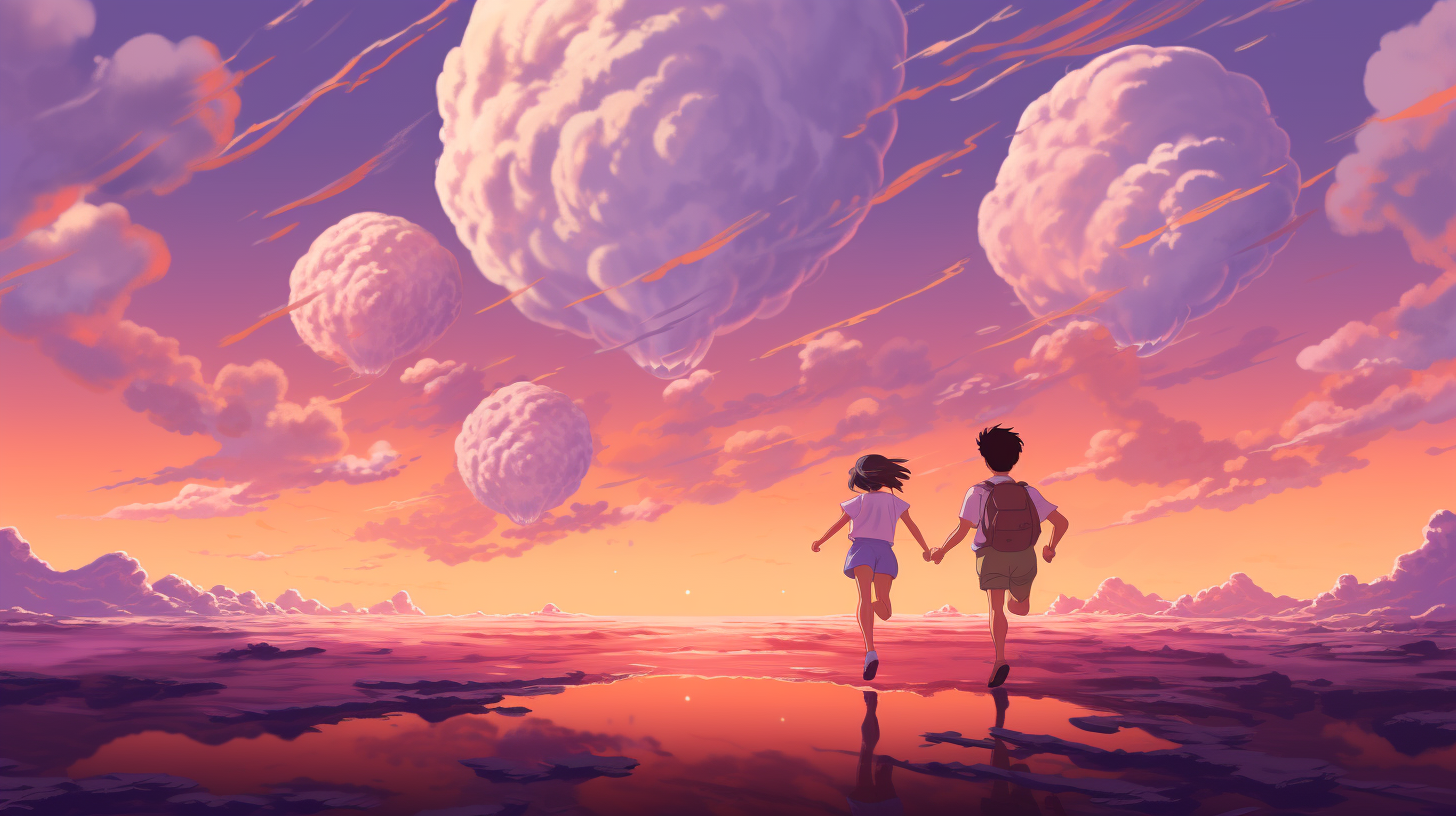 Korean teens running towards giant planet in the sky