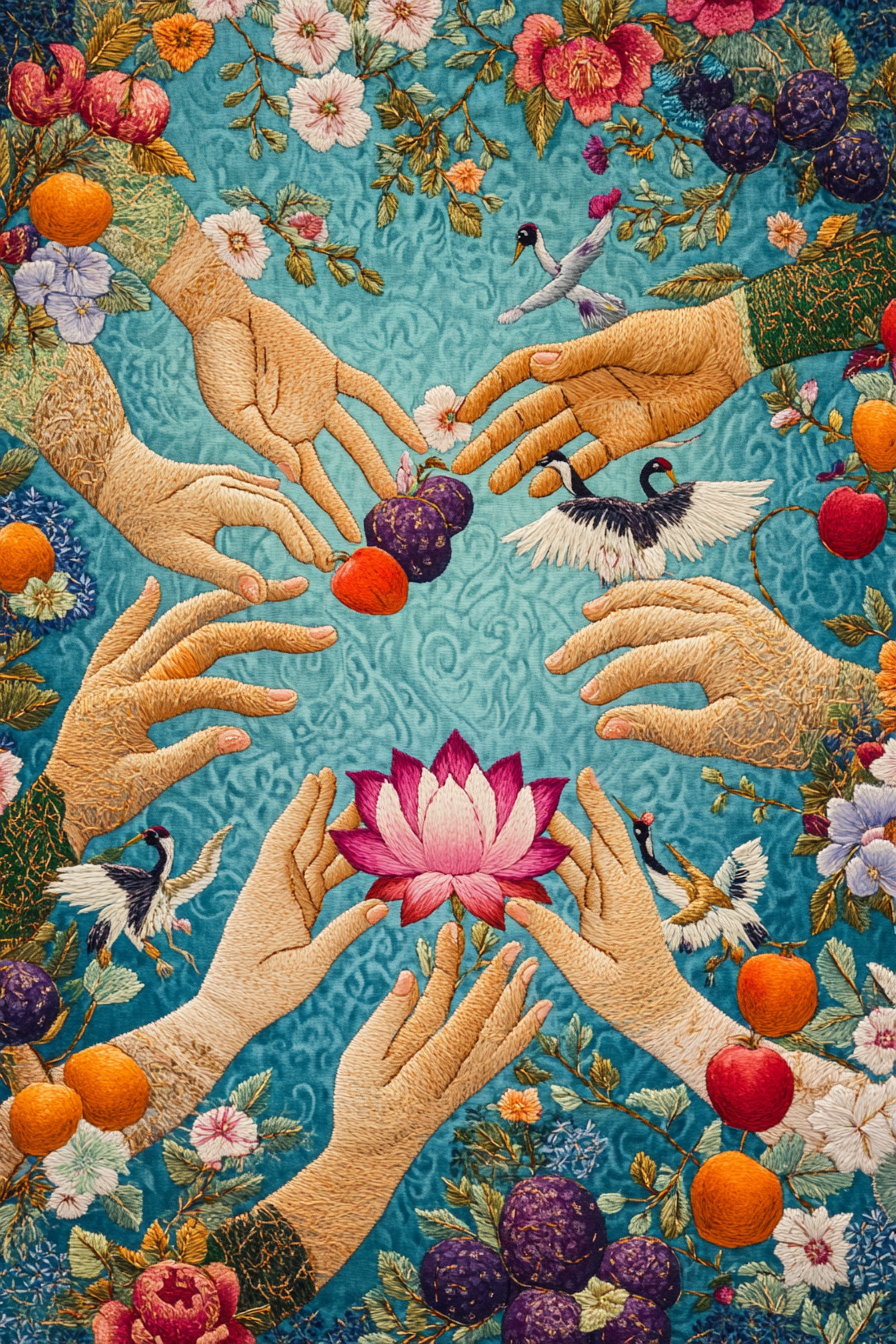 Korean embroidery craft hands lotus peaches cranes background