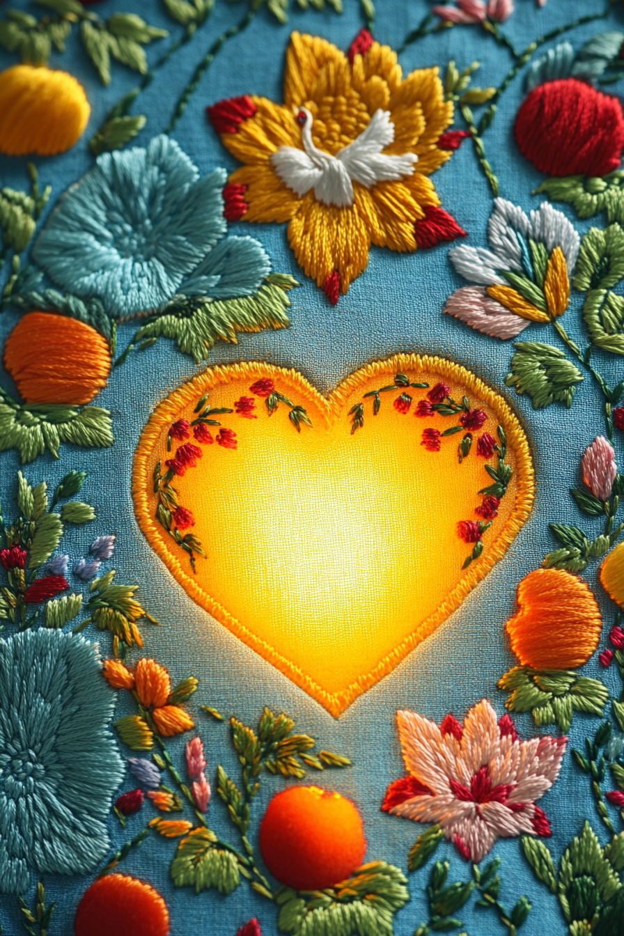 Korean Embroidery Yellow Heart Background