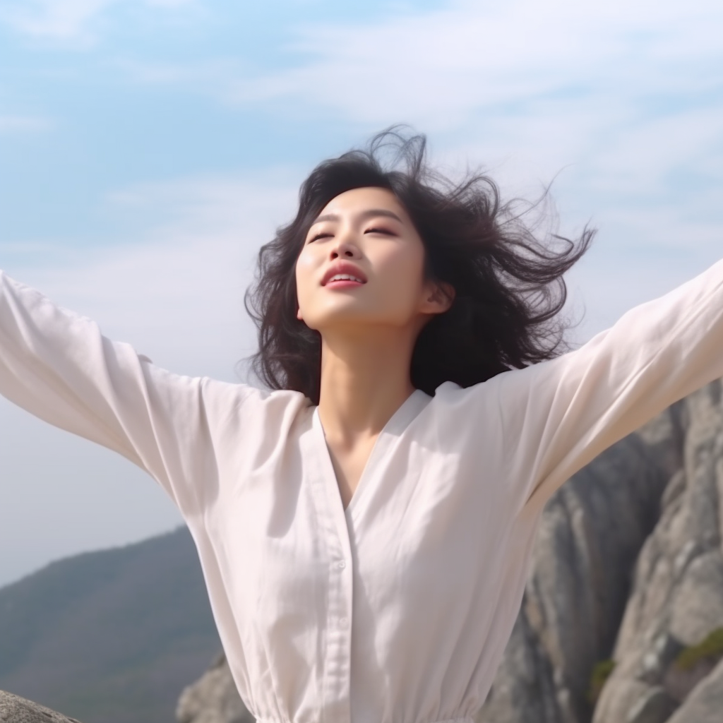 Smiling Korean woman celebrates acceptance on mountain top