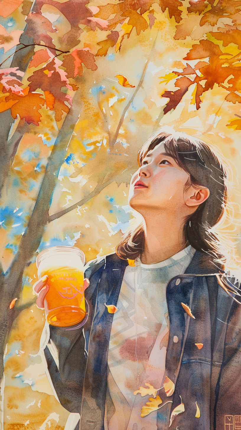 Korean Woman with Pumpkin Juice in Autumn Sunlight