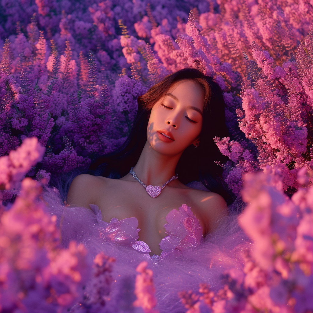 Korean woman in bed of flowers with heart necklace