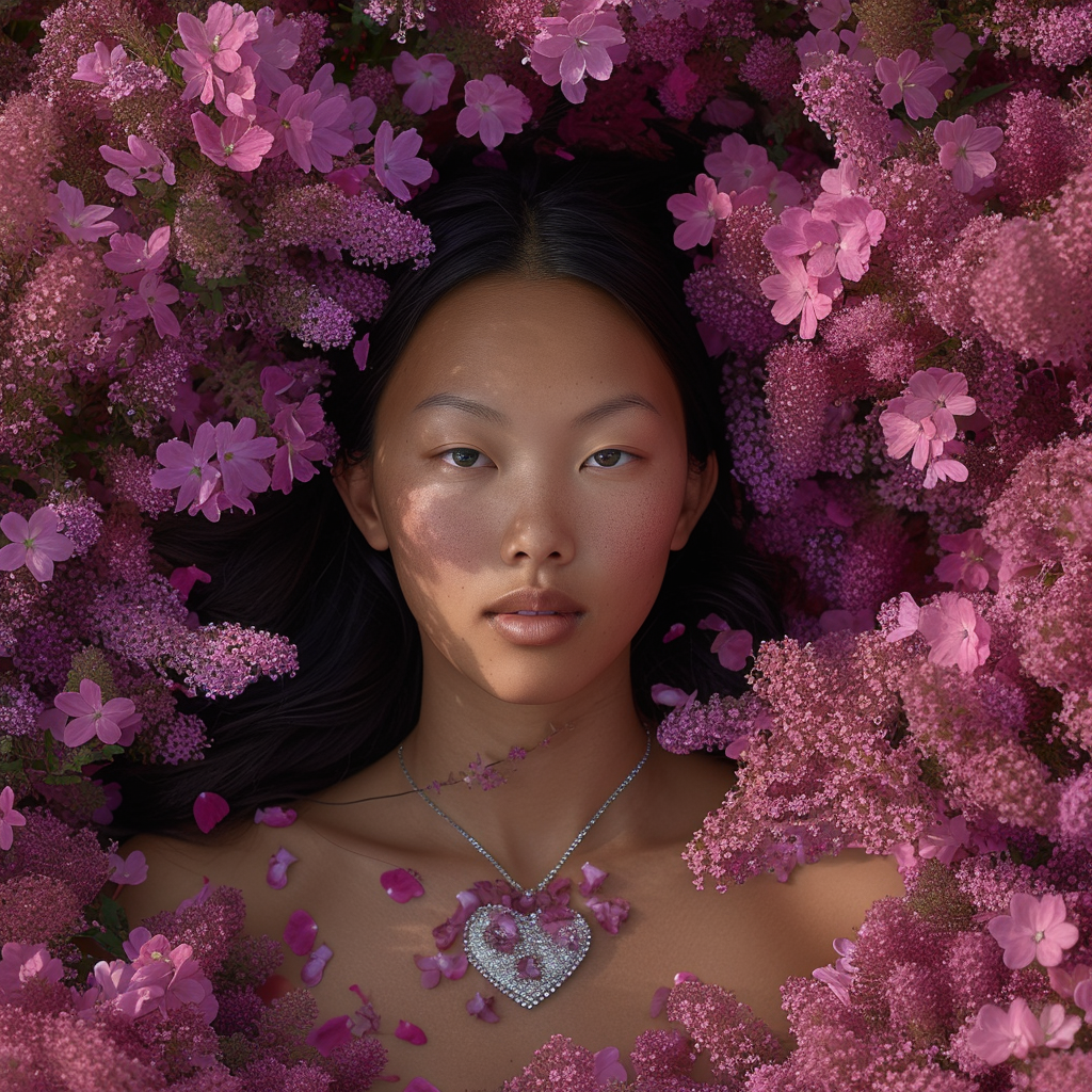 Korean woman with necklace in flower bed