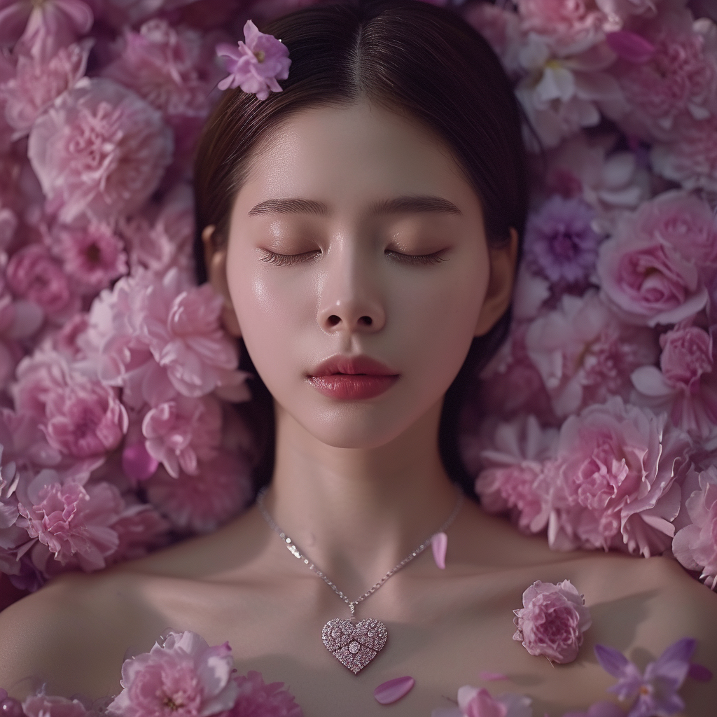 Korean woman in flower bed with heart pendant