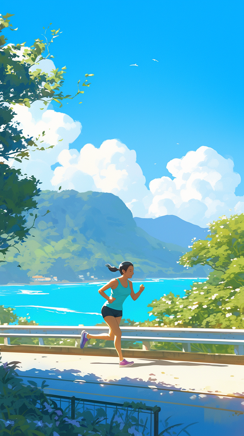 Korean woman jogging in Hawaiian scenery