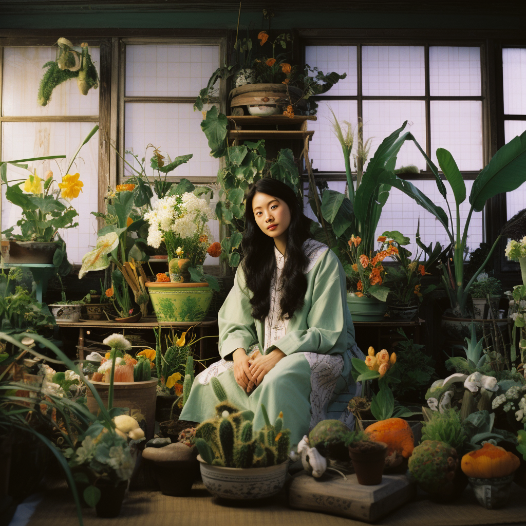 Korean woman interacting with plants