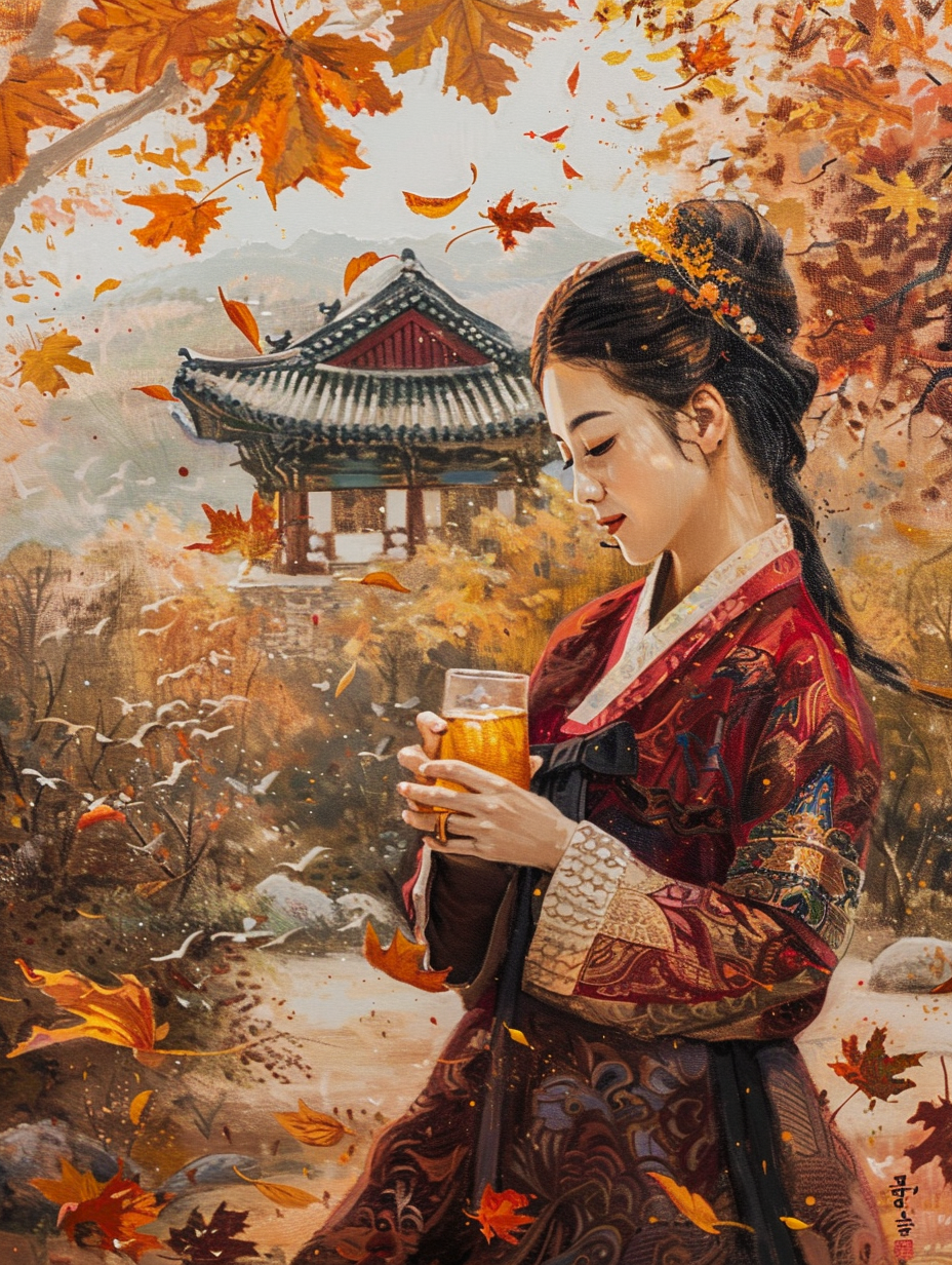 Korean Woman Holding Pumpkin Juice in Traditional Hanbok