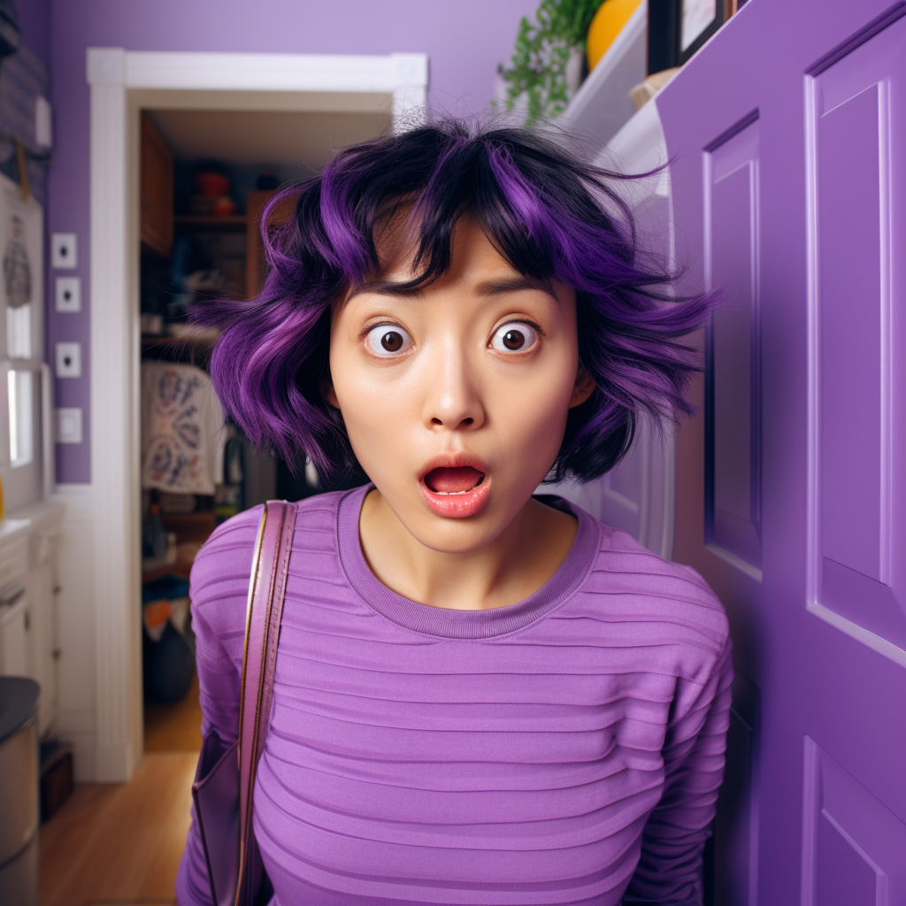 Korean woman with purple bob haircut surprised