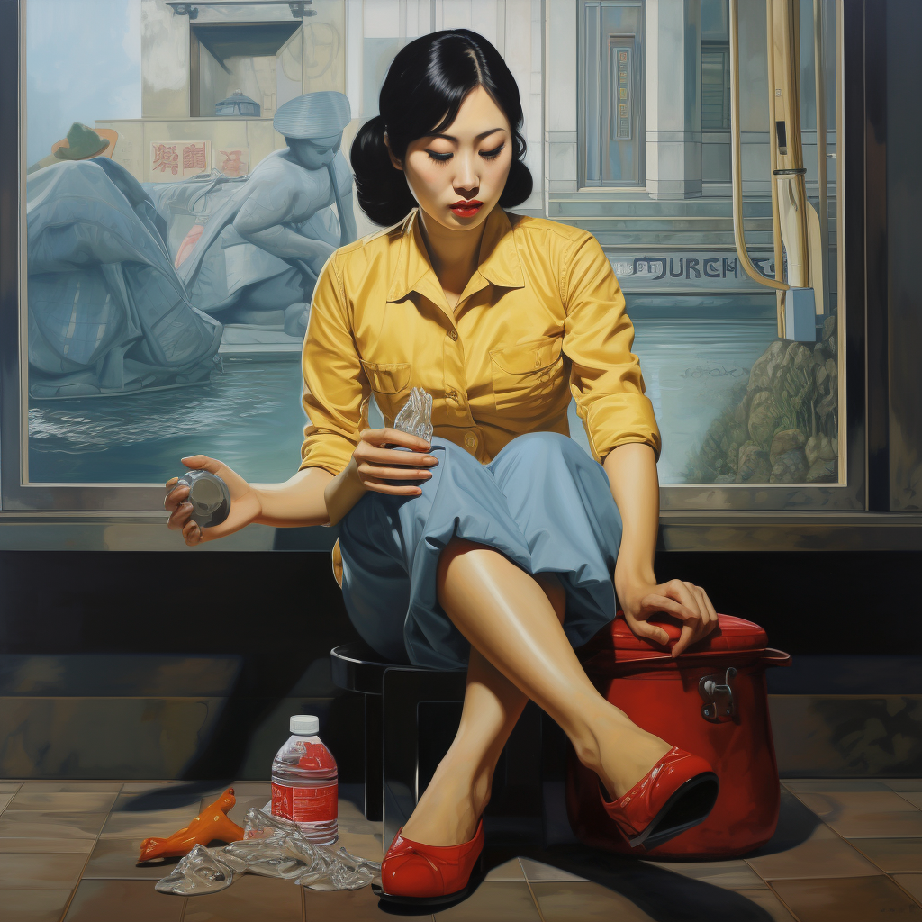 Korean woman wearing rubber gloves on feet