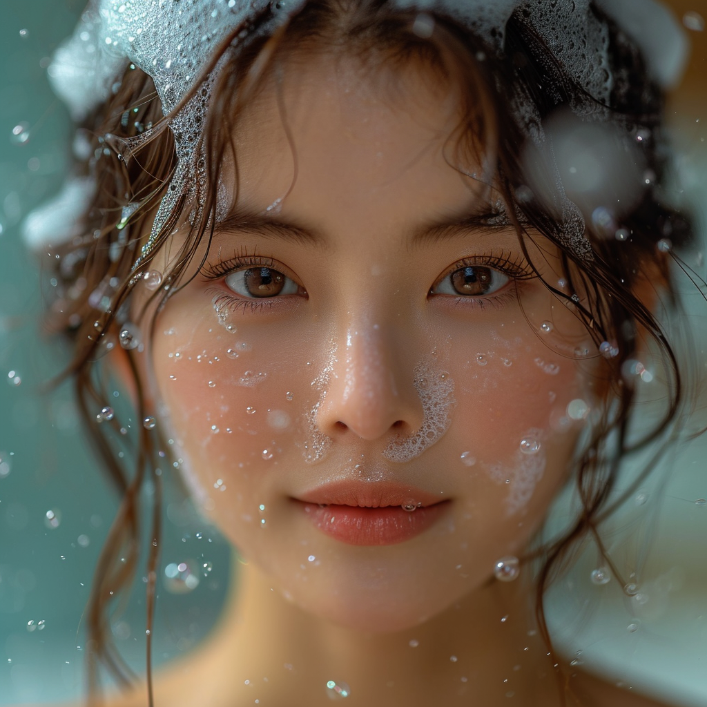 Korean woman with shampoo foam on head