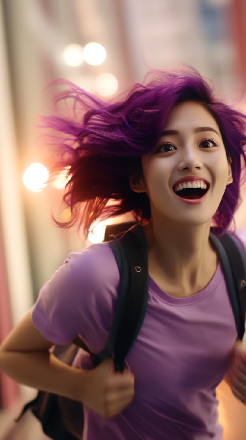 Smiling Korean woman running in museum scene