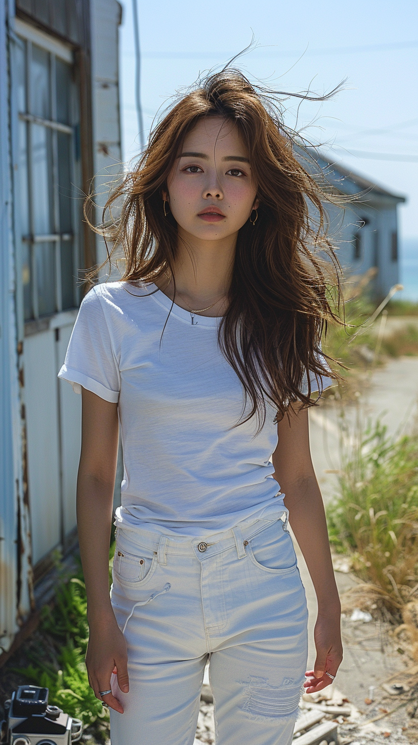 Korean woman walking white pants