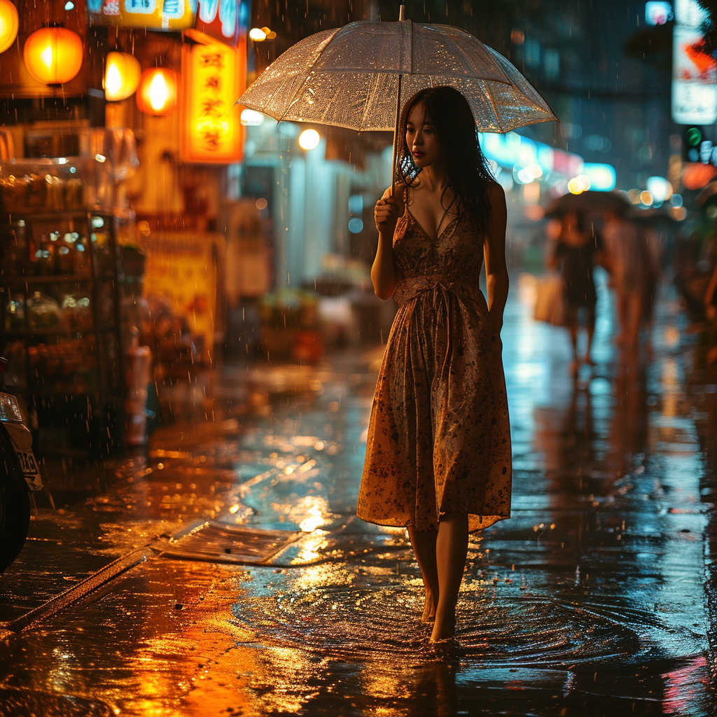 Smiling Korean woman walking in the rain