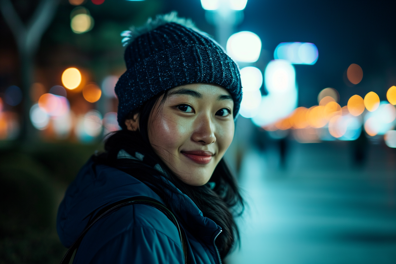 Young Korean woman smiling in a serene Seoul park at night