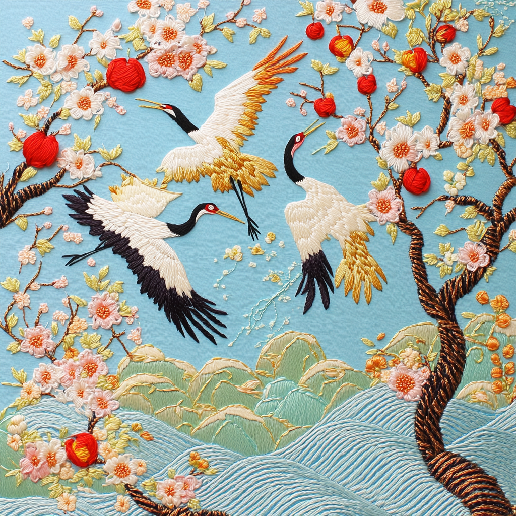 Embroidery with Plums, Peaches, Cranes Wave