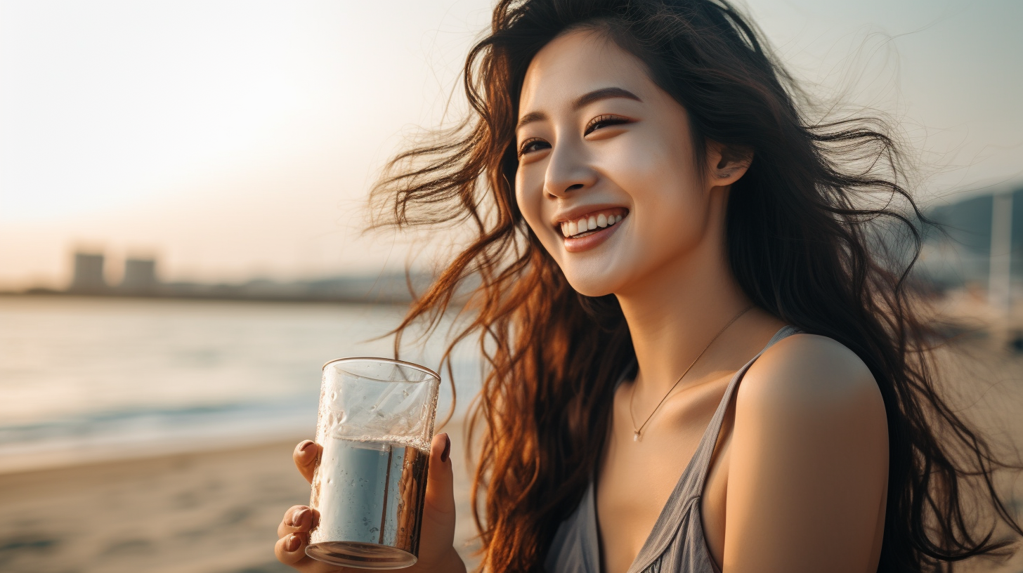 Korean model smiling at beach