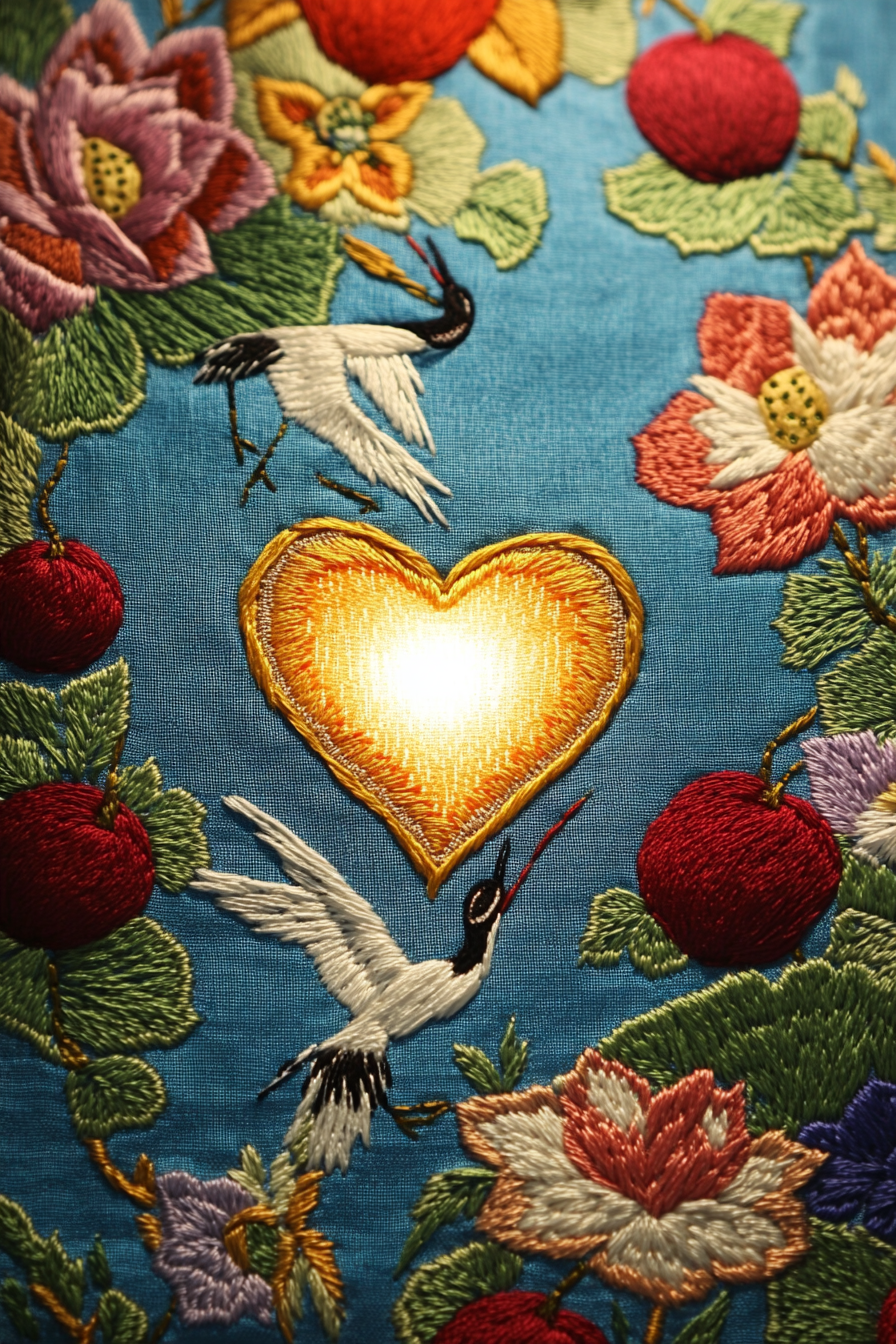 Korean heart embroidery with colorful flowers