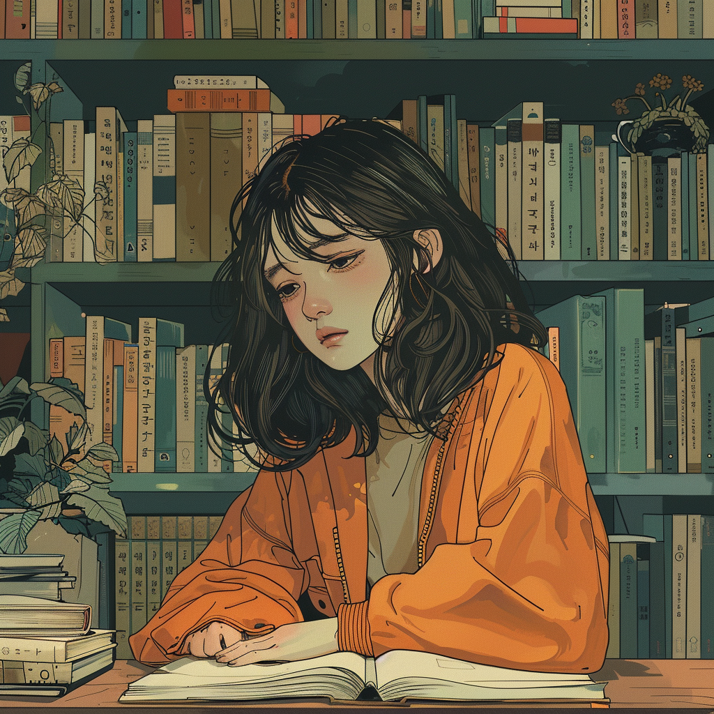 Korean Lofi Girl Studying Illustration