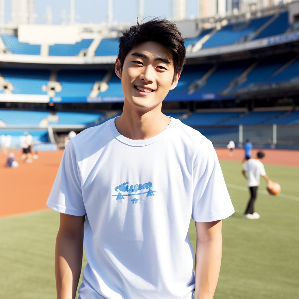 Korean Male Enjoying Baseball Game in Blue T-shirt