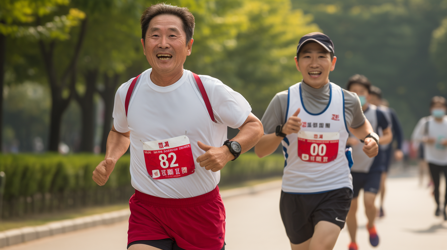 Two Korean men running marathon together