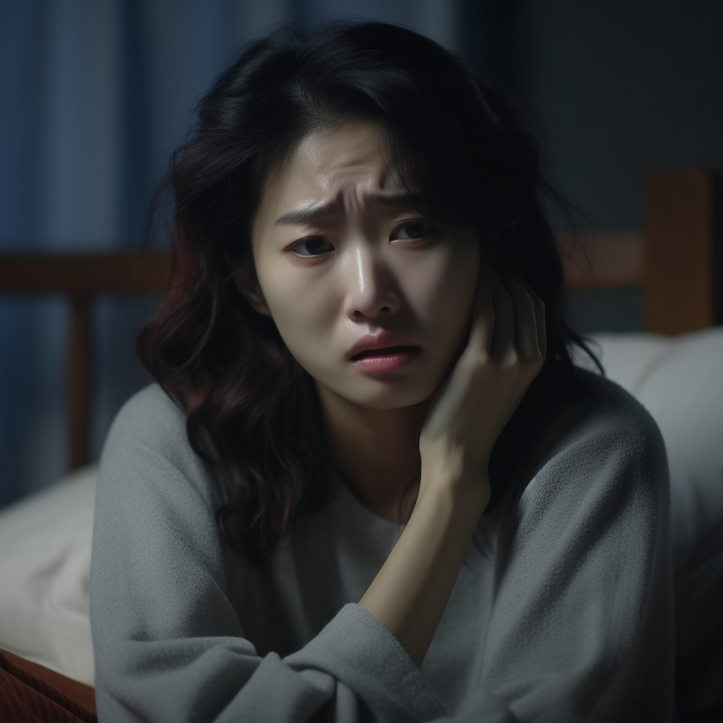 Sad Korean student woman crying on bed