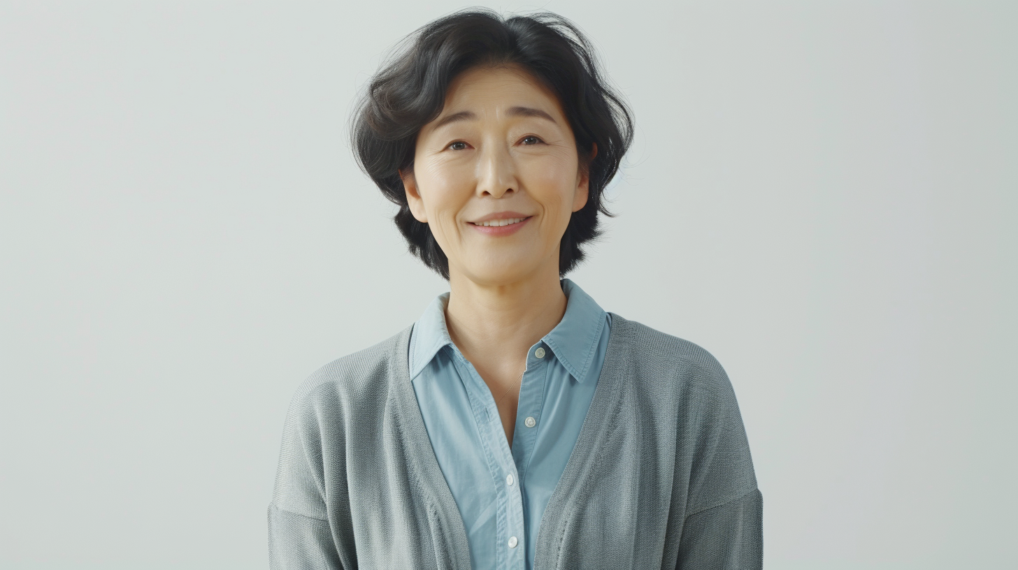 Korean woman in blue shirt smiling