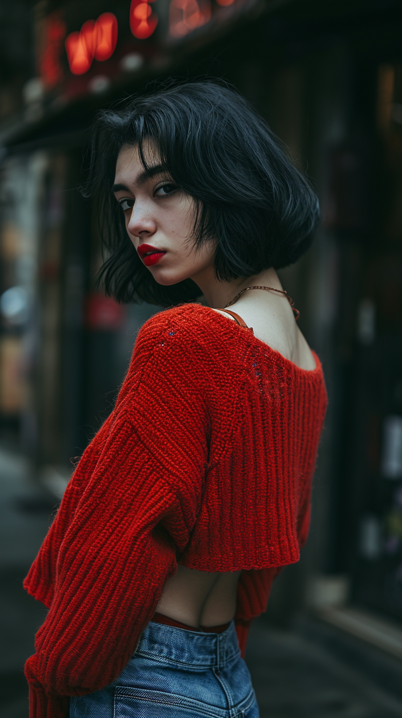 Korena girl in red sweater and jeans