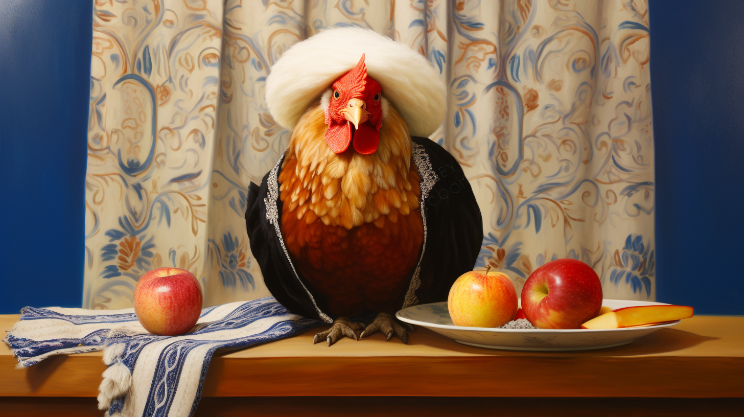 Kosher chicken wearing a tallit and shtreimel with red apple and honey