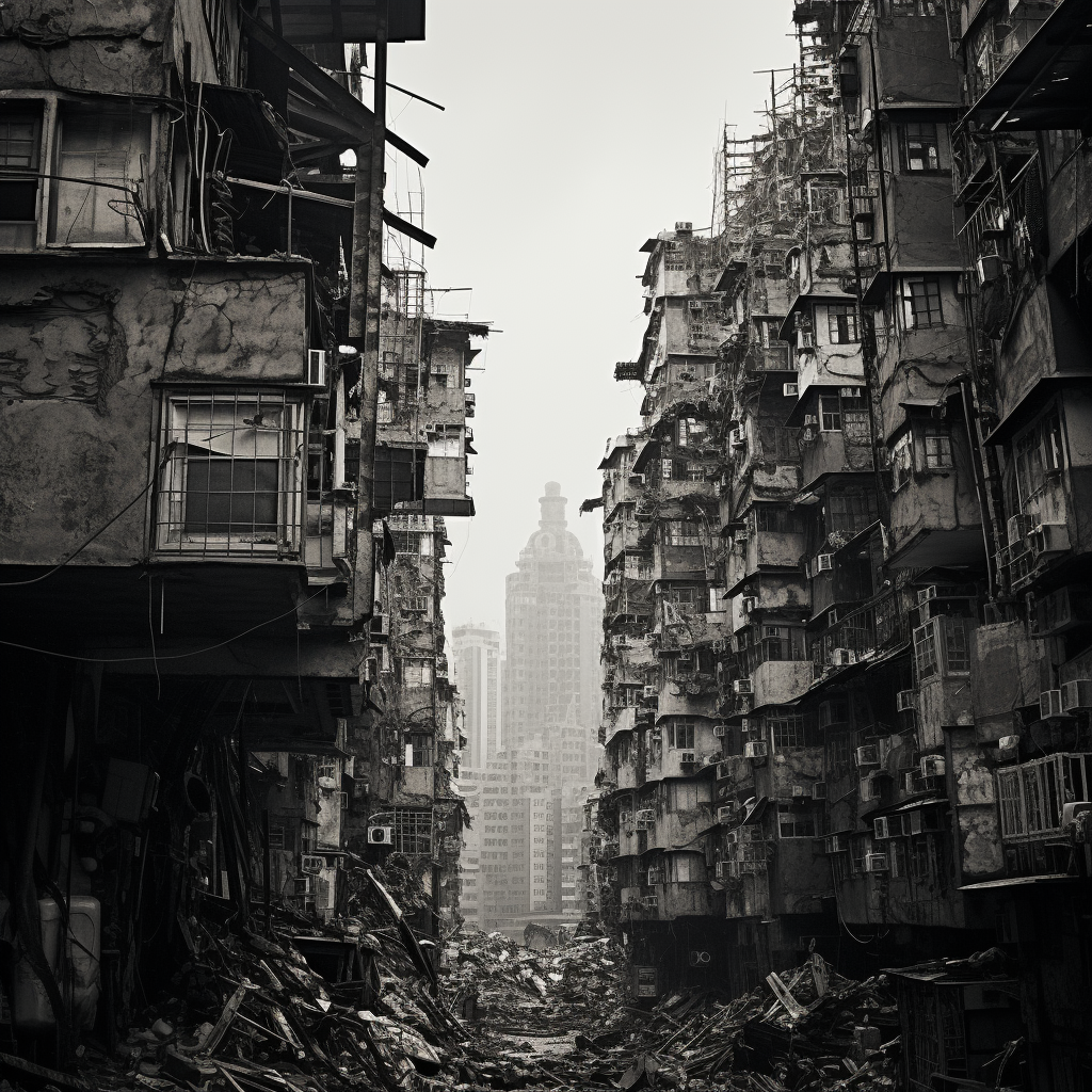 The iconic Kowloon Walled City in black and white