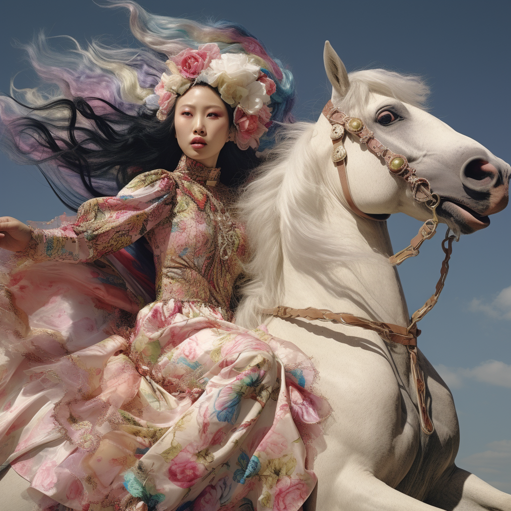 K-Pop female idol riding unicorn