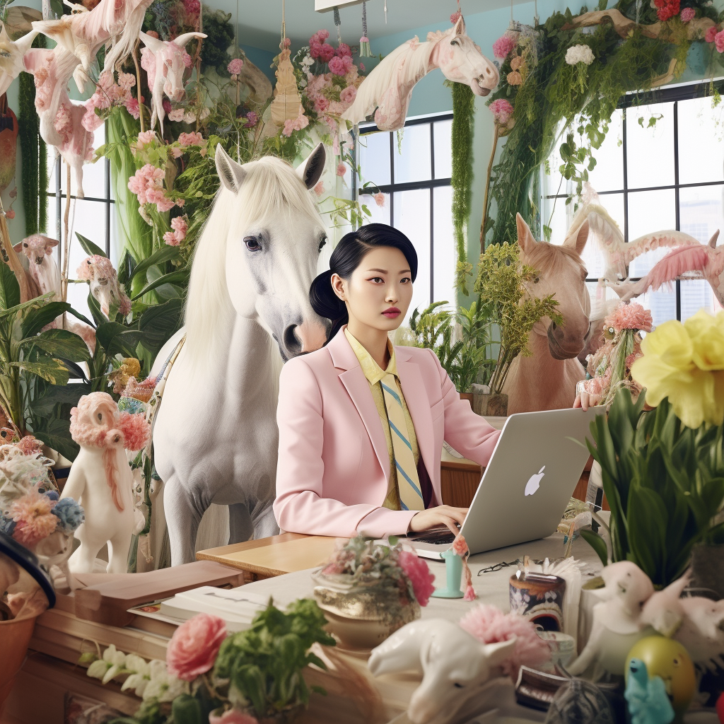 K-Pop Female Idol on Unicorn in Exotic Plant-Filled Office